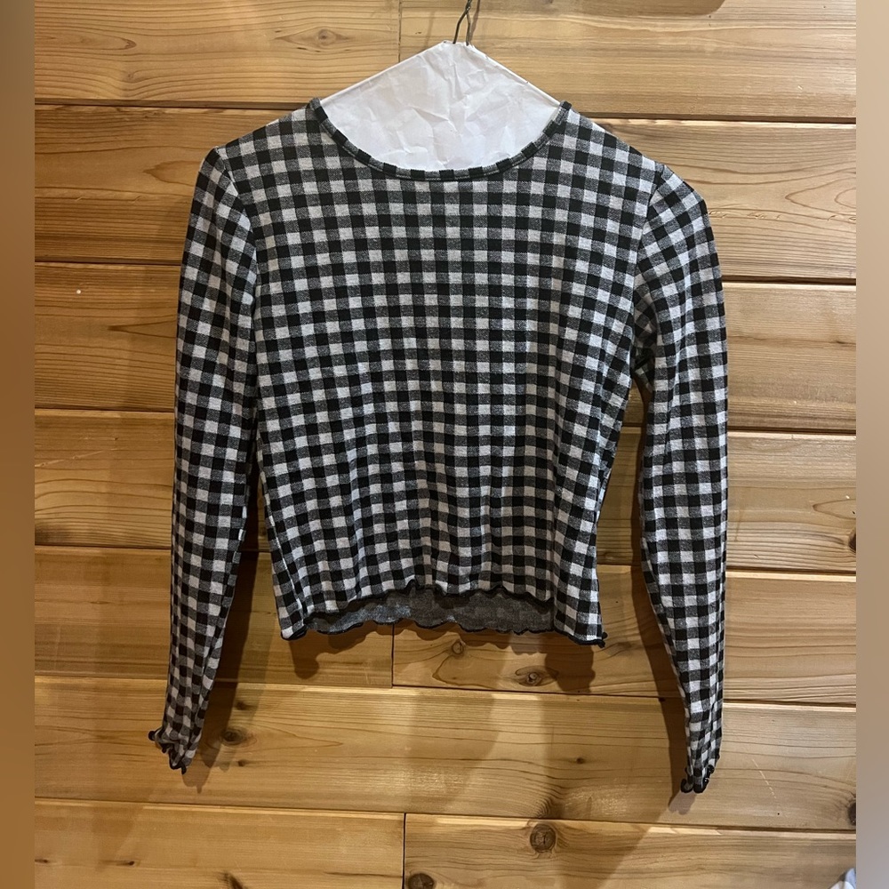 Forever21 Forever 21 Scalloped Edge Checkered Long Sleeve Cropped Crop Top Small